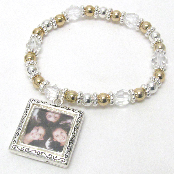 Picture frame charm and metalic ball stretch bracelet- picture insertable