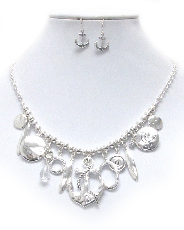 Multi hammered anchor and multi vintage charm drop necklace earring set
