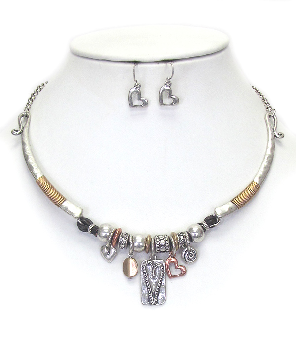 Vintage theme mix rondelle and charm wire wrap necklace set - heart 