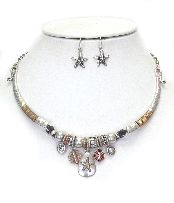 Vintage theme mix rondelle and charm wire wrap necklace set - starfish