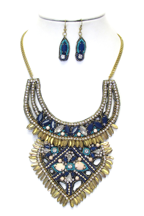 Multi crystal and bead embroidery bib necklace set