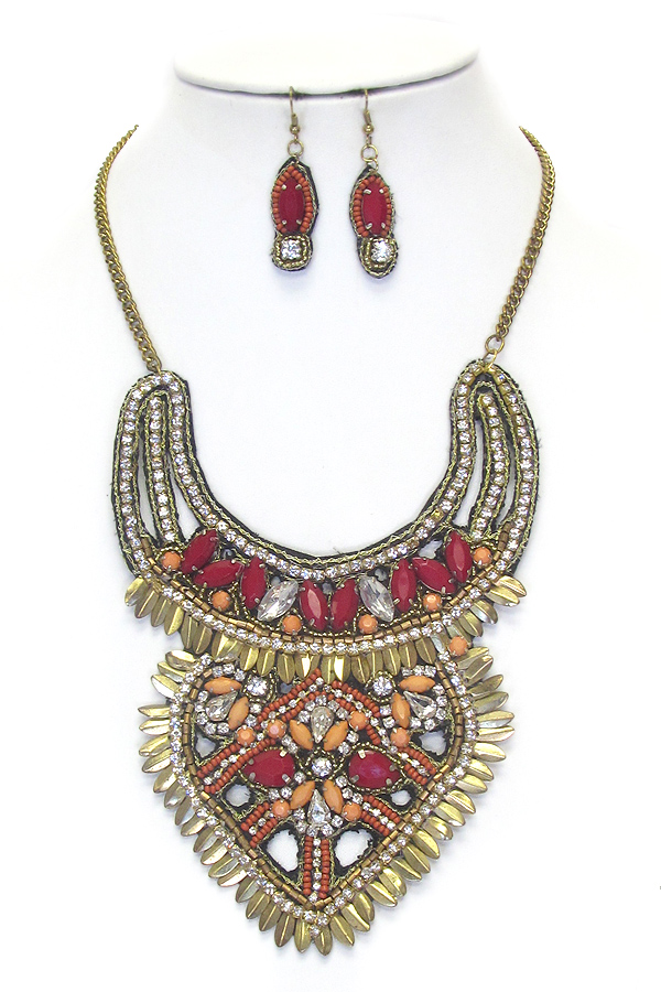 Multi crystal and bead embroidery bib necklace set