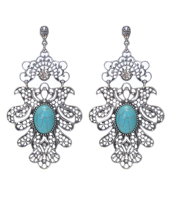 METAL FILIGREE AND STONE CENTER DROP EARRING