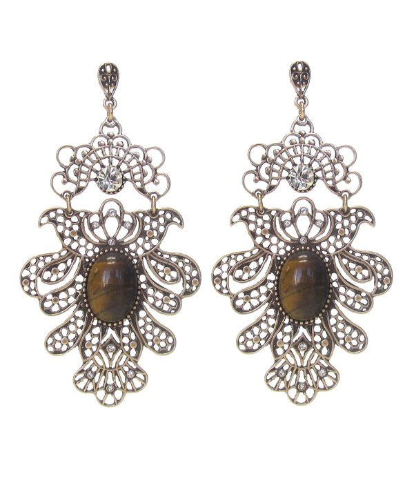 METAL FILIGREE AND STONE CENTER DROP EARRING