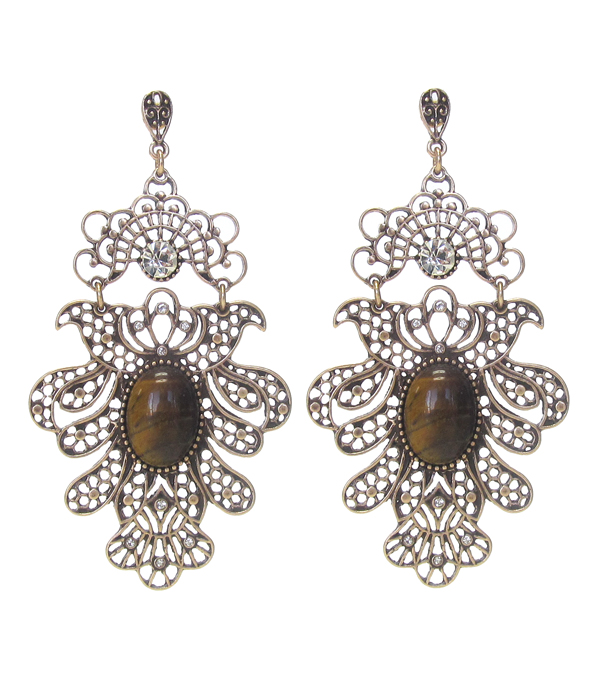 Metal filigree and stone center drop earring