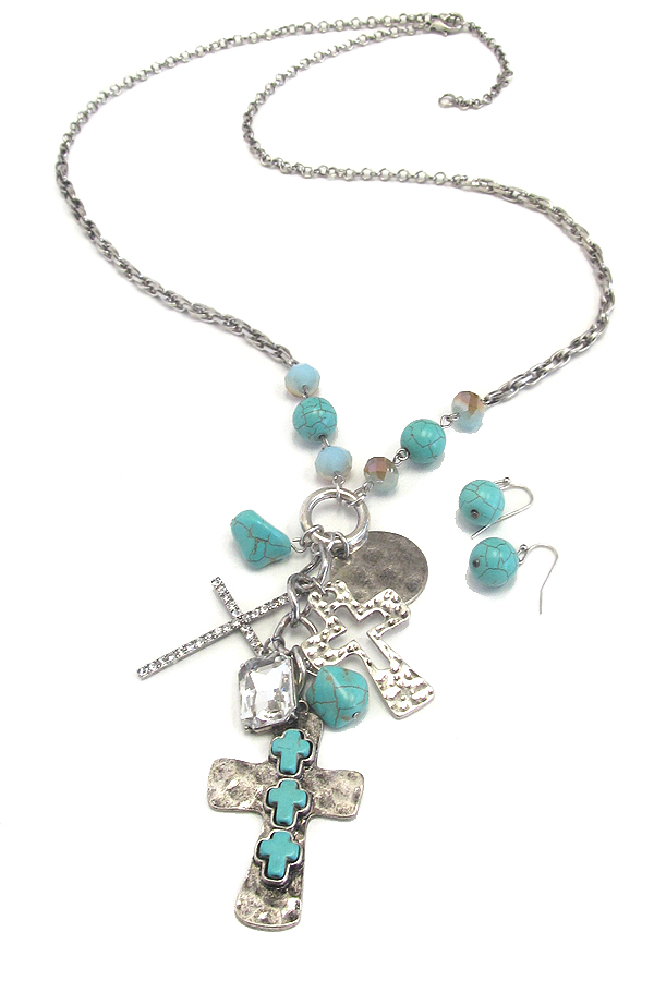 Turquoise and crystal multi cross charm drop necklace set