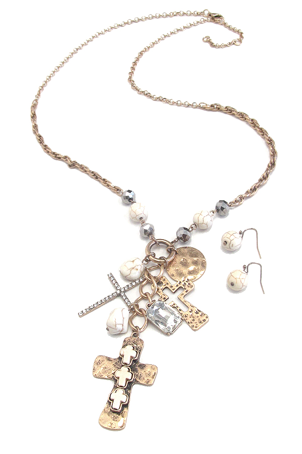 Stone and crystal multi cross charm drop earring set