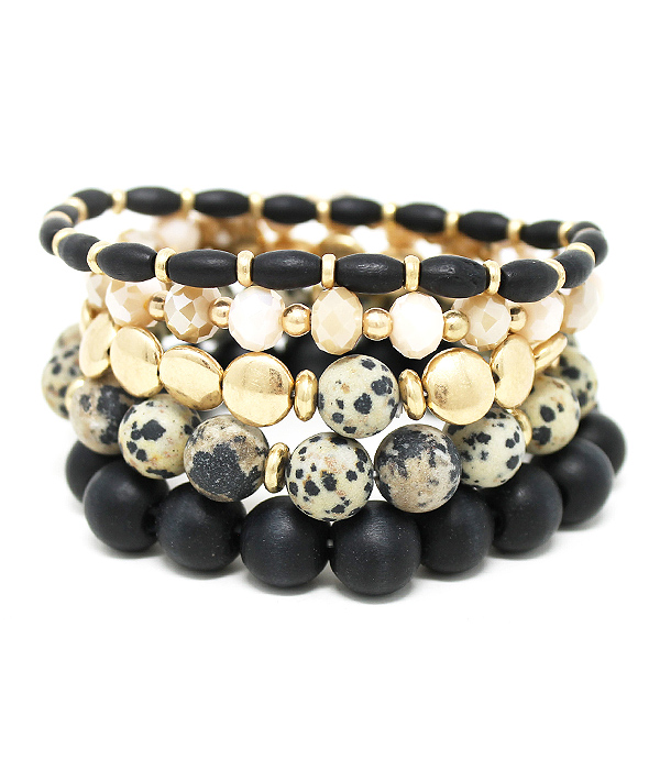 MULTI WOOD AND STONE MIX 5 STRETCH BRACELET SET