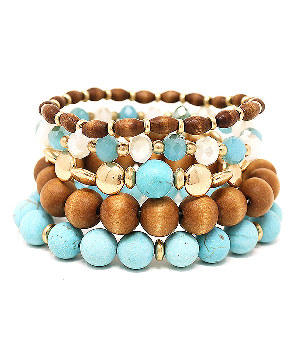 MULTI WOOD AND STONE MIX 5 STRETCH BRACELET SET