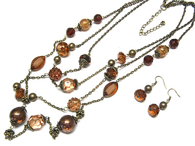 Topaz glass and beads long necklace and earring set