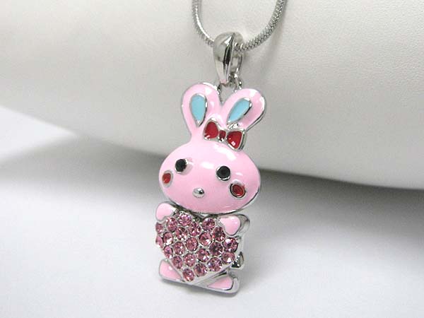 Made in korea whitegold plating crystal and epoxy love bunny pendant necklace