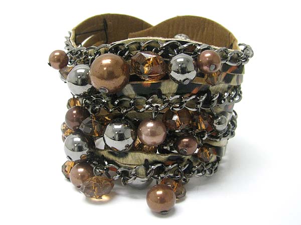 MULTI METAL BALL AND CHAIN DECO LEAPARD PATTERN LEATHER WRIST BAND