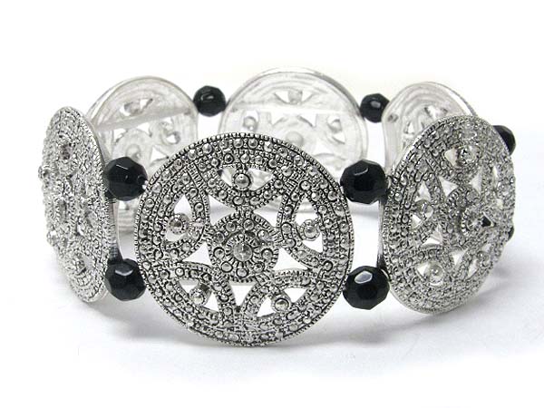 Marcasite look metal disk and beads link stretch bracelet
