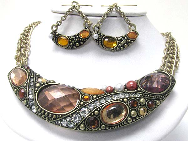Crystal and facet glass art deco side bar multi chain necklace earrign set