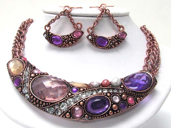 Crystal and facet glass art deco side bar multi chain necklace earrign set