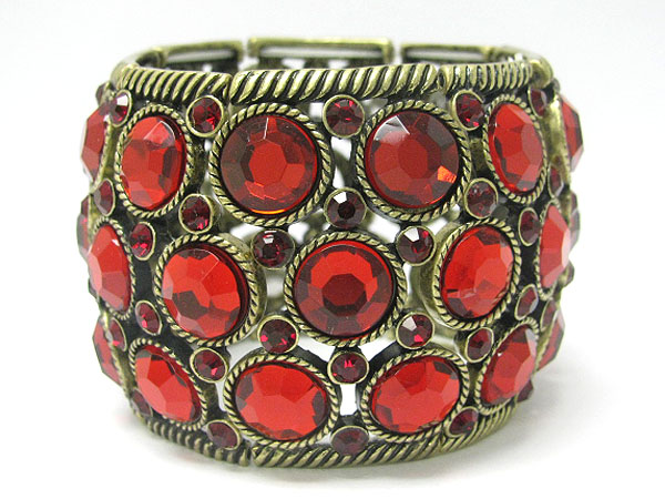 Multi glass and crystal stud wide metal stretch bracelet