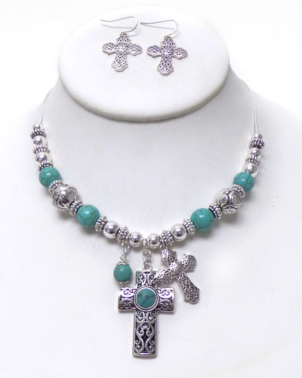 Turquoise stone  with metal filigree cross necklace set
