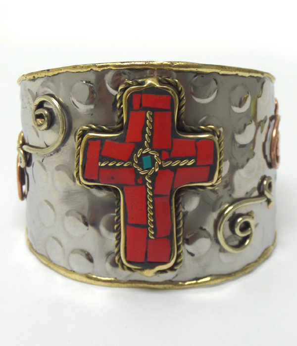 Handmade brass metal mosaic stone cuff bracelet 