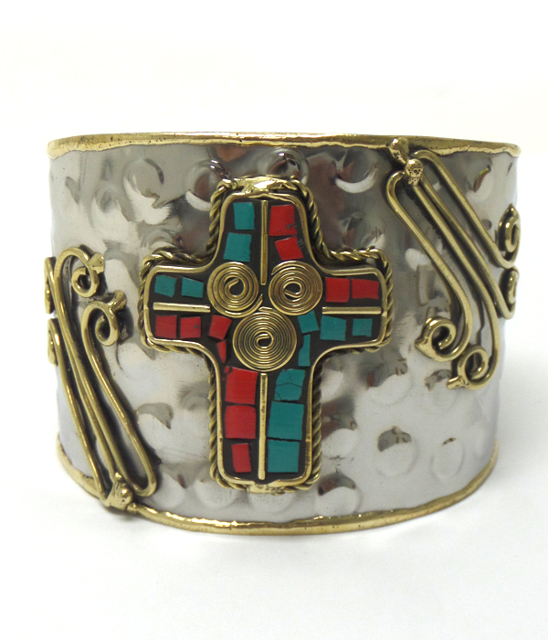 Handmade brass metal mosaic stone cuff bracelet 