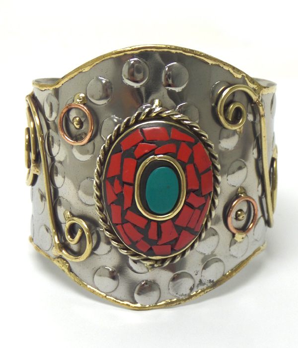 Handmade brass metal mosaic stone cuff bracelet
