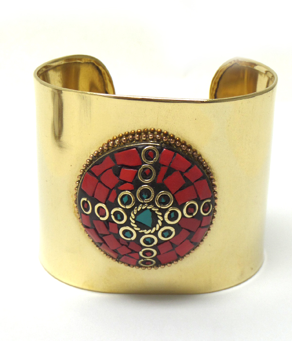 Handmade brass metal mosaic stone cuff bracelet
