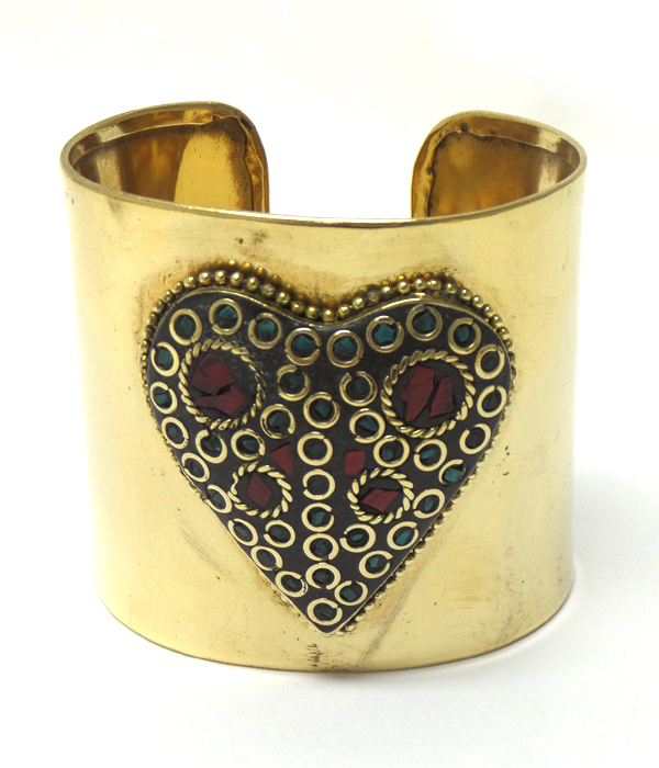 Handmade brass metal mosaic stone cuff bracelet 