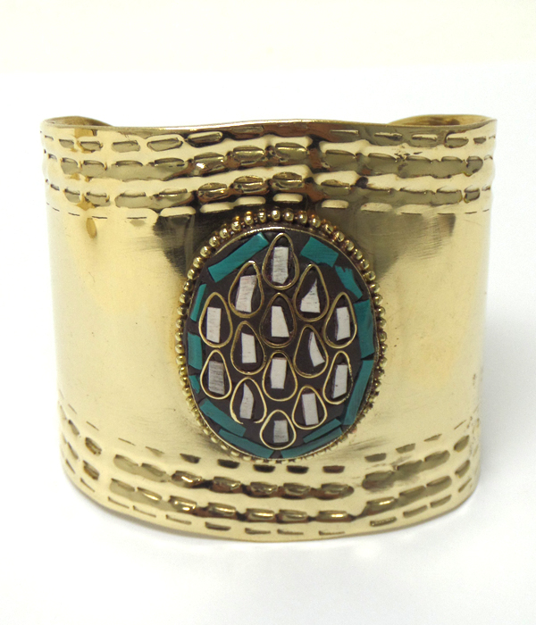 Handmade brass metal mosaic stone cuff bracelet 