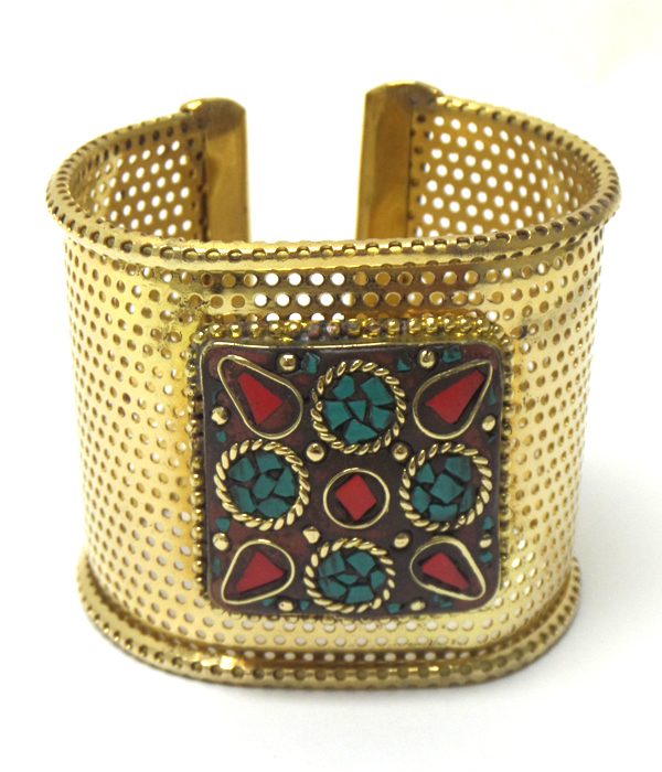 Handmade brass metal mosaic stone cuff bracelet