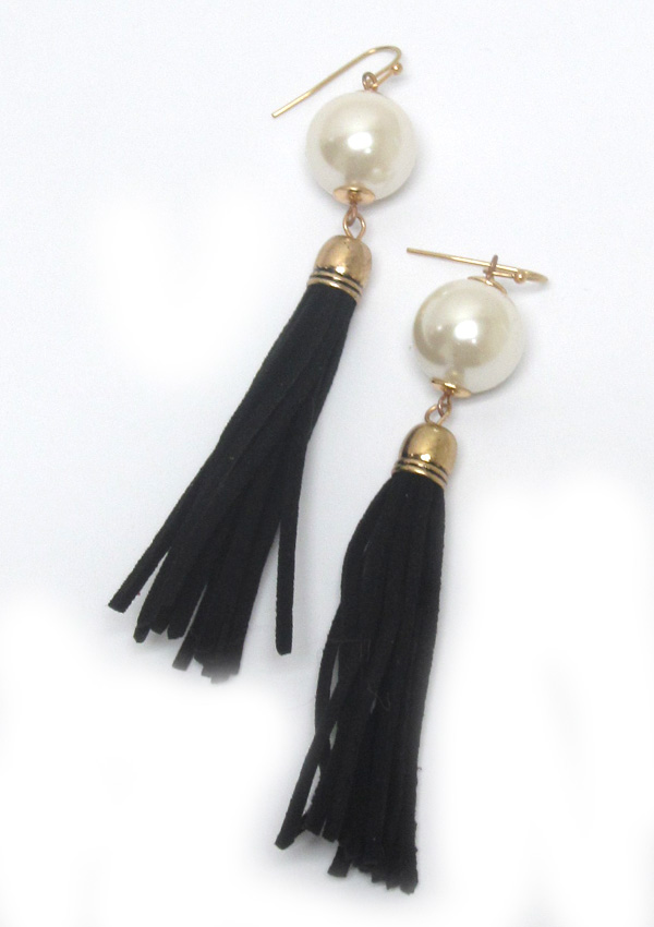 Pearl suede tassel drop fish hook earrings