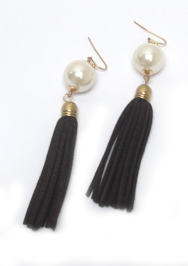 Pearl suede tassel drop fish hook earrings