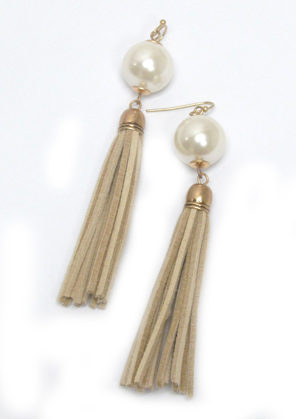 Pearl suede tassel drop fish hook earrings