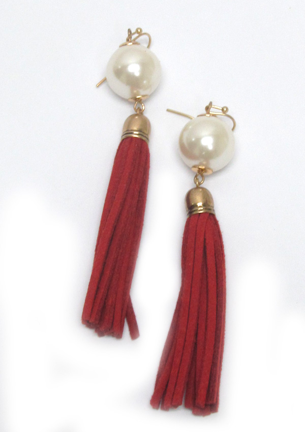 Pearl suede tassel drop fish hook earrings 