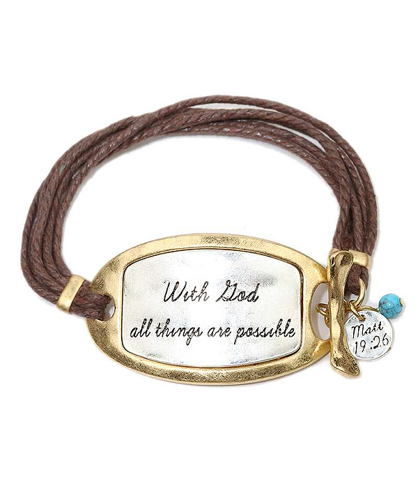 Handmade religious theme metal plate and multi wax cord toggle bracelet - matt 19:26