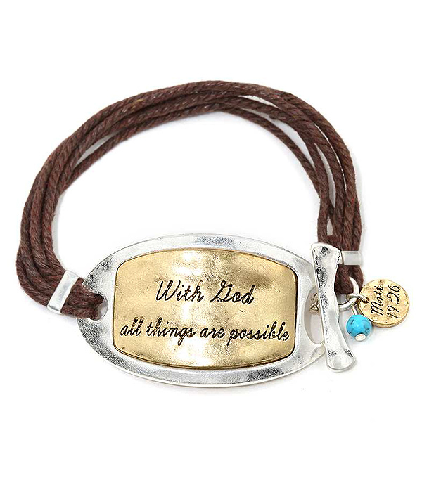 HANDMADE RELIGIOUS THEME METAL PLATE AND MULTI WAX CORD TOGGLE BRACELET - MATT 19:26