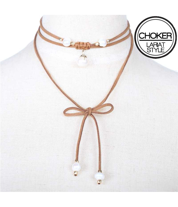 Freshwater pearl and leatherette pull tie choker necklace