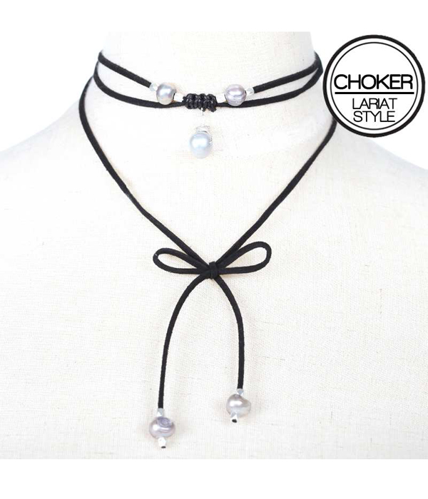 Freshwater pearl and leatherette pull tie choker necklace