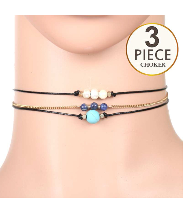 Freshwater pearl and semi precious stone 3 piece choker necklace set