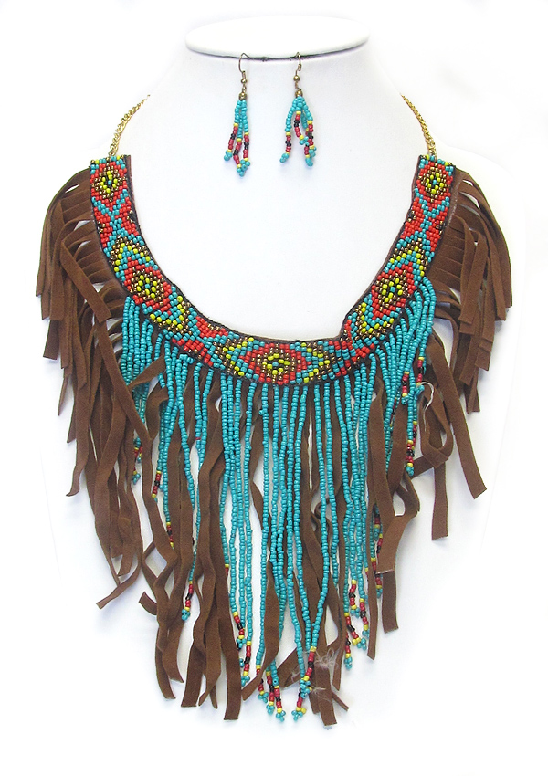 Multi beads and crystals bohemian fringe drop necklace set