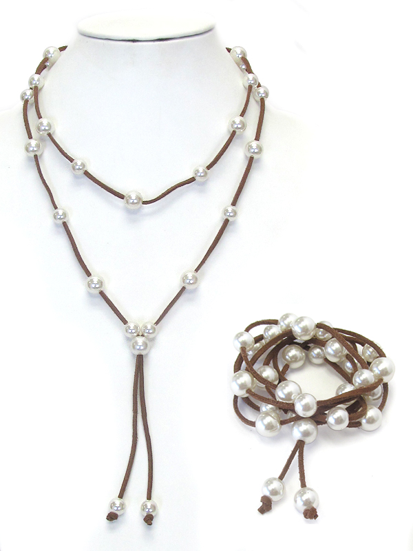 MULTI PEARL AND SUEDE CORD LONG WRAP BRACELET AND NECKLACE IN ONE