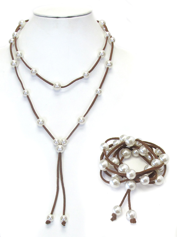 Multi pearl and suede cord long wrap bracelet and necklace in one