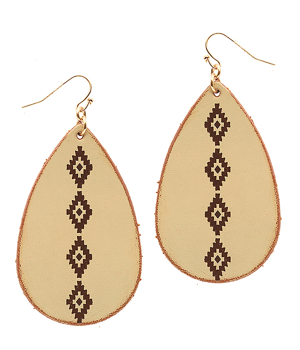 Stamped leather teardrop earring - aztec -western