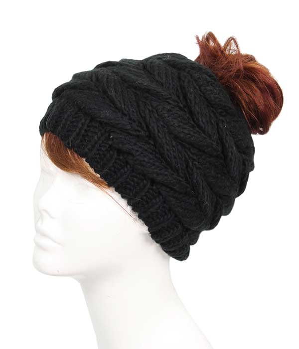 KNIT MESSY BUN BEANIE - 100% ACRYLIC