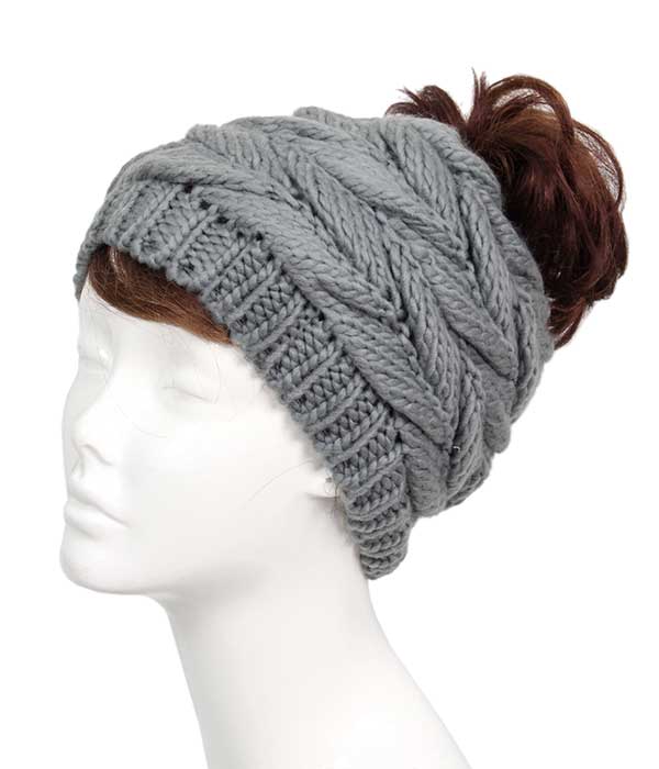 KNIT MESSY BUN BEANIE - 100% ACRYLIC