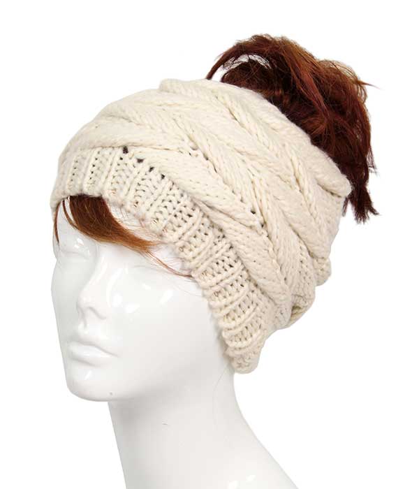 KNIT MESSY BUN BEANIE - 100% ACRYLIC