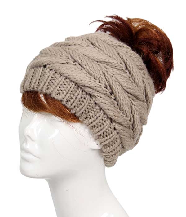 KNIT MESSY BUN BEANIE - 100% ACRYLIC