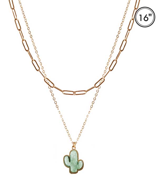 Druzy pendant double layer chain necklace - cactus