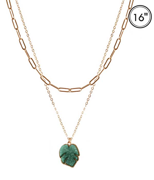 DRUZY PENDANT DOUBLE LAYER CHAIN NECKLACE - LEAF