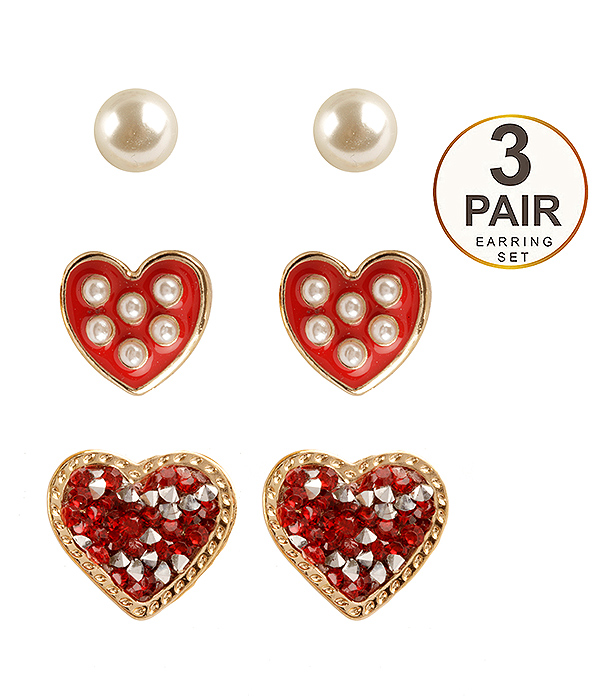 Valentine day theme 3 pair earring set - heart