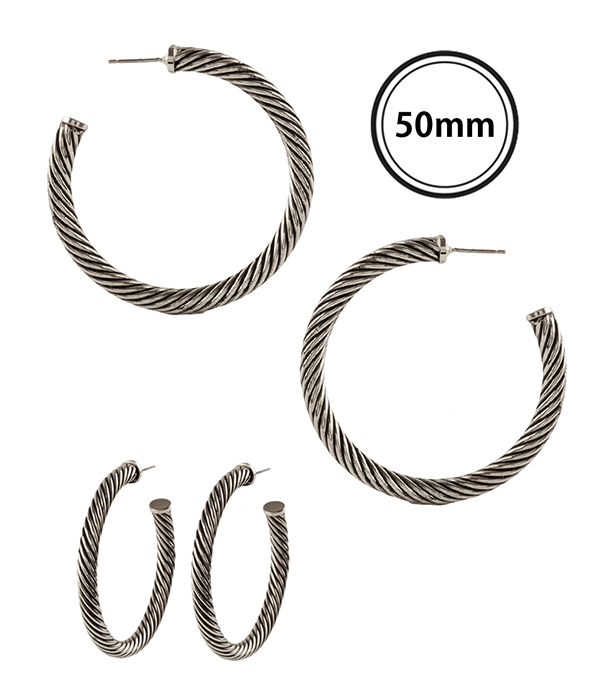 Designer textured cable hoop earring
