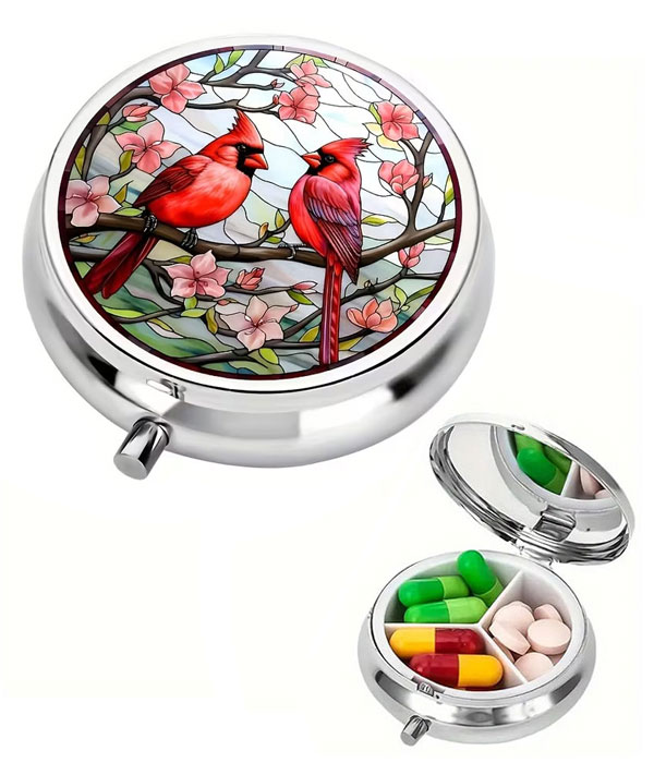 3 compartment portable pill box - cardinal bird